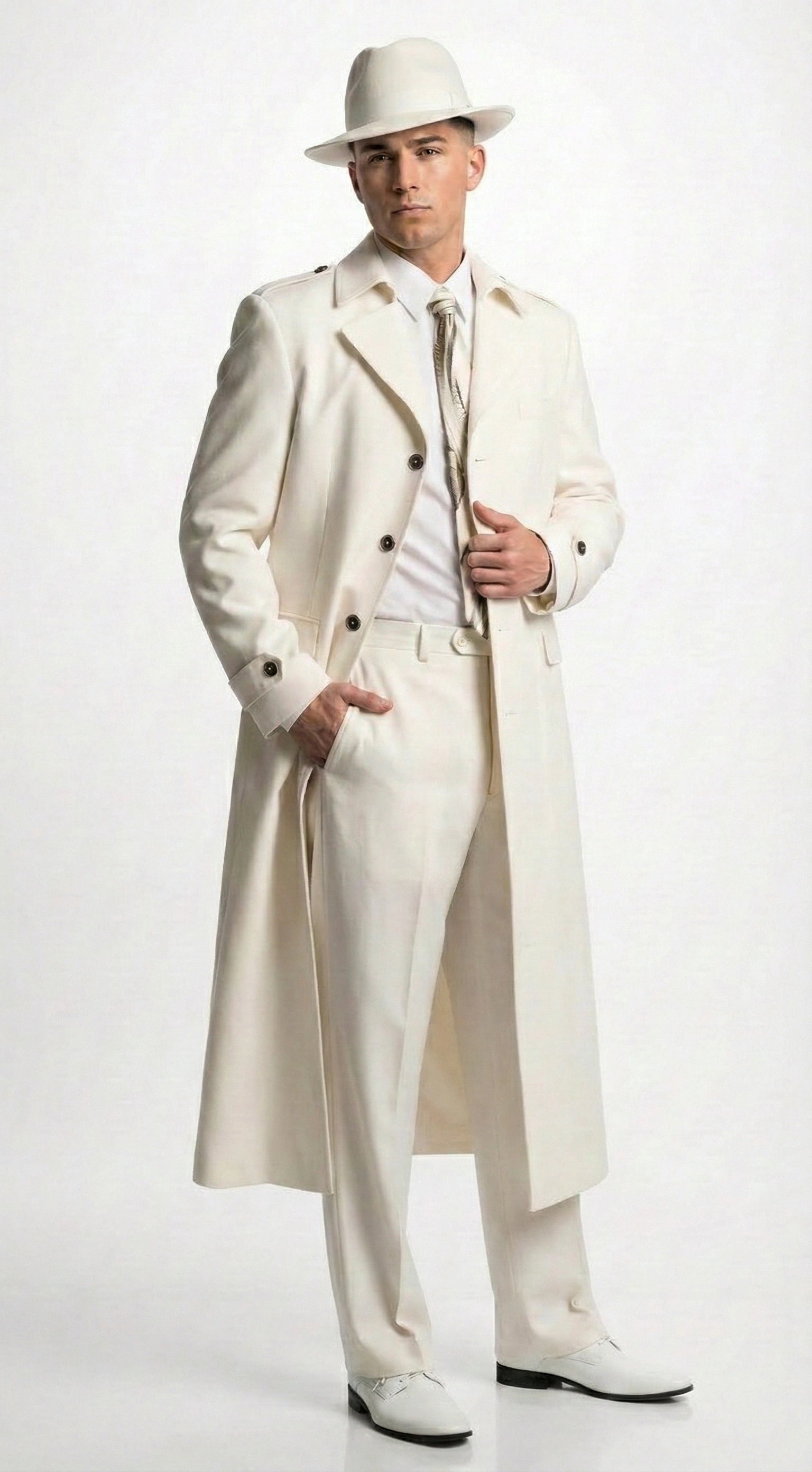 Men’s Ivory Cream Off White  Full Length Zoot Suit – Vintage Gangster Style Long Coat Formal Suit - Coat Size 38