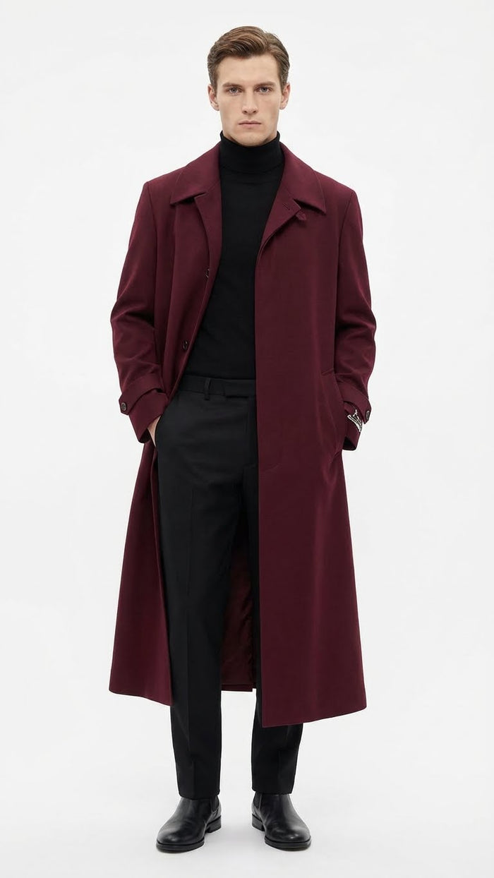 Mens Full-Length Burgundy Overcoat - Microfiber 4 season fabric  Long Formal Coat with Classic Tailored Maxi Duster Coat