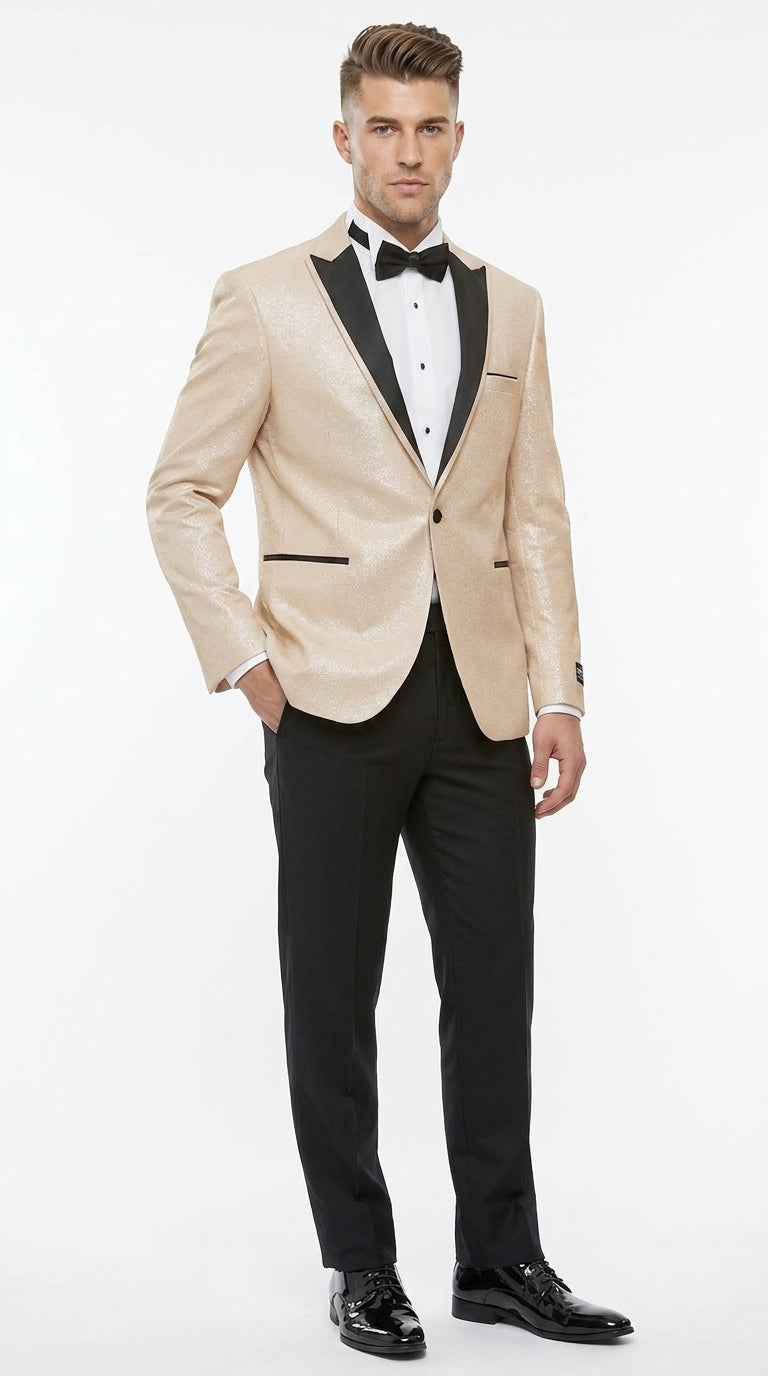 Men’s Gold Blazer with Black Lapel – Elegant Gold Formal Blazer Jacket for Wedding, Prom, Tuxedo in champagne Color - 36 Short