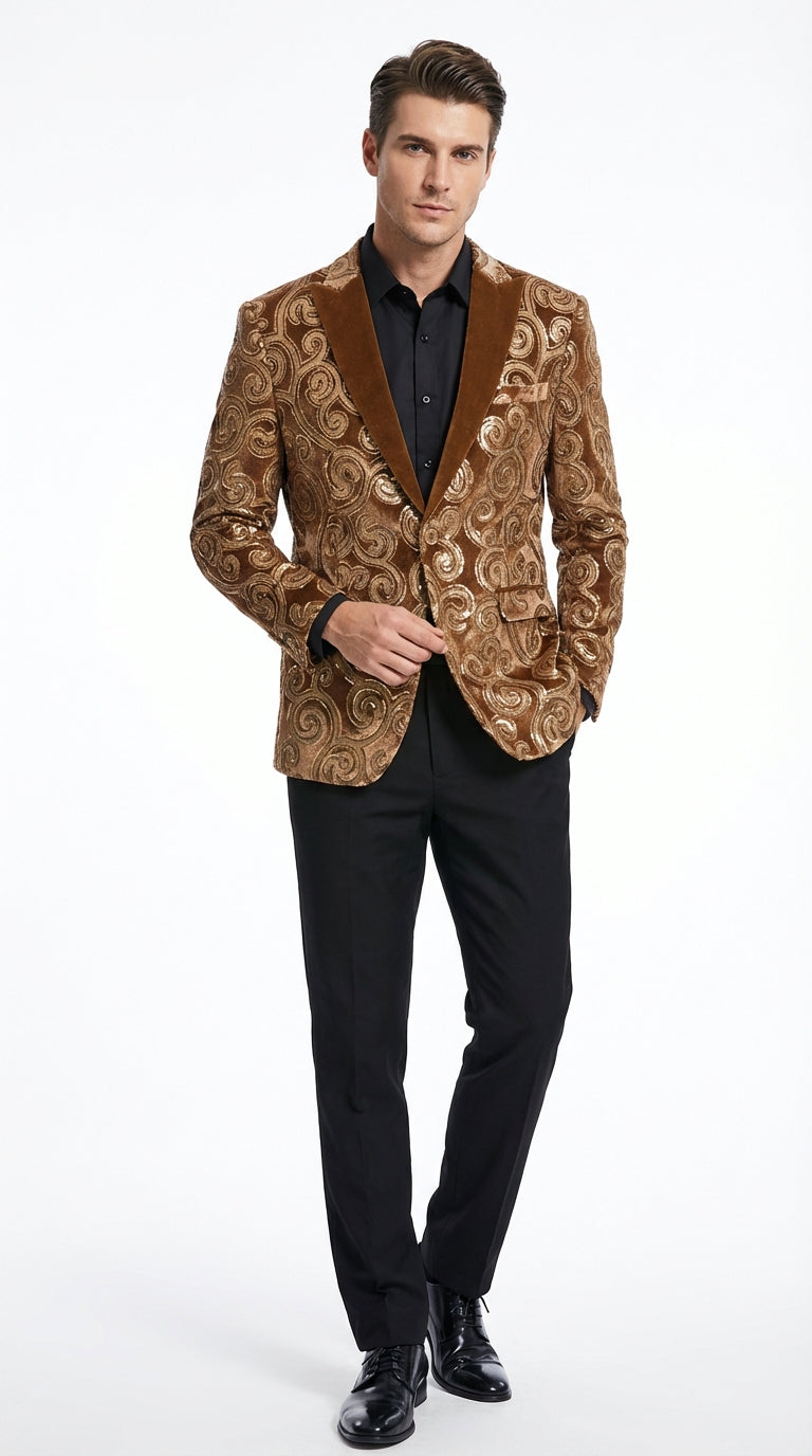 Men's Light Brown & Gold Baroque Embroidered Blazer Jacket | Tuxedo Dinner Jacket - 34 Short or Extra Small