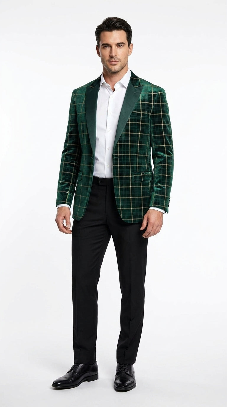 Men’s Green and Gold Plaid Christmas Holiday Blazer – Classic Check Party Jacket for New Year, Wedding and Festive New Year event - 36 Short