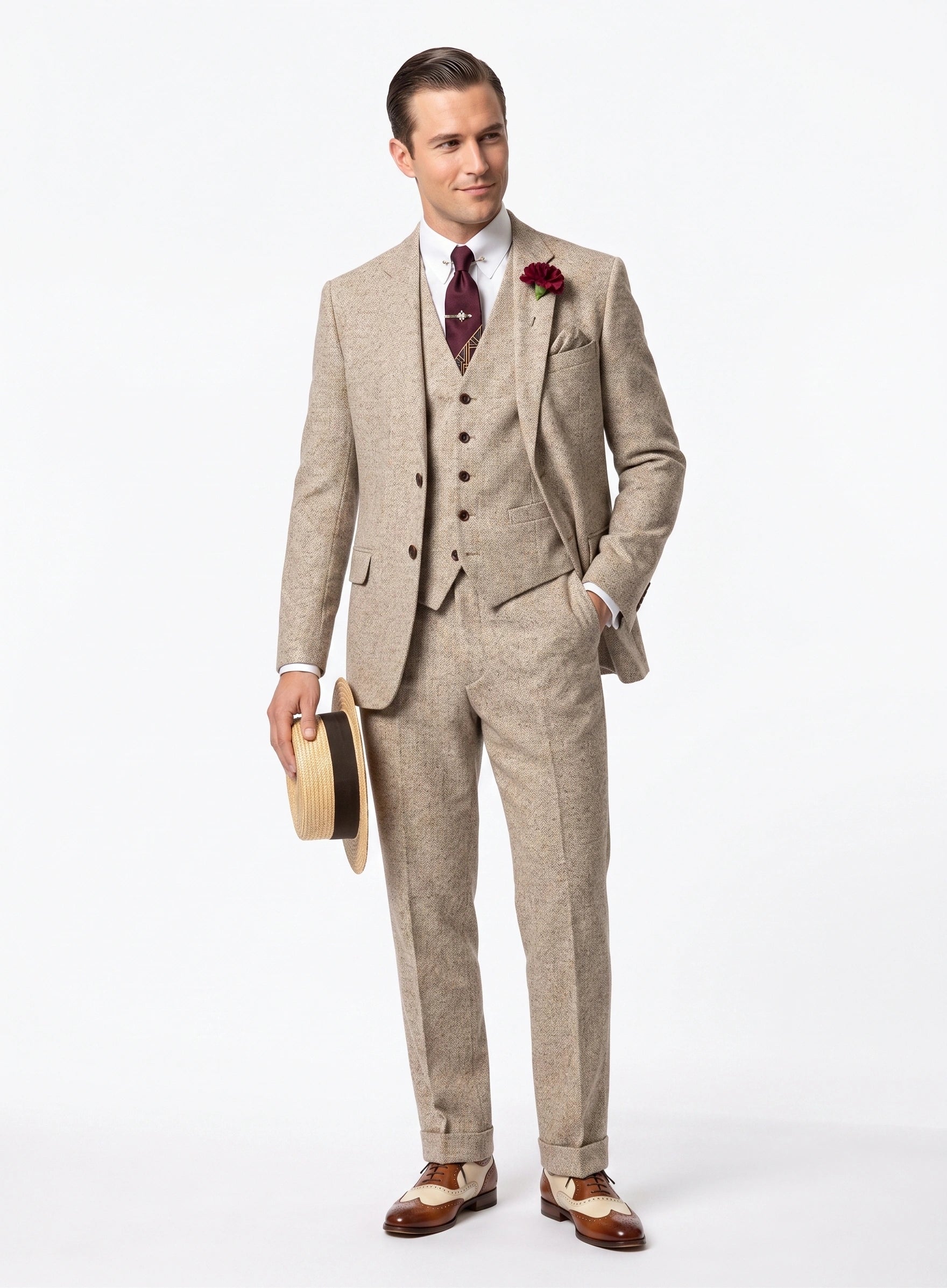Men’s Light Tan Tweed Great Gatsby 3 Piece Suit – Vintage Vested Wedding Suit, 1920s Classic Formal Outfit Herringbone - 34 Short or Extra Small