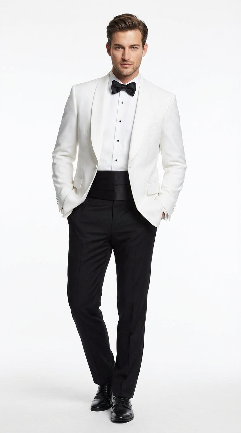 Men's White Dinner Jacket Tuxedo Blazer with Black Satin Shawl Lapel  With Black Tuxedo Pants - 34 Short or Extra Small