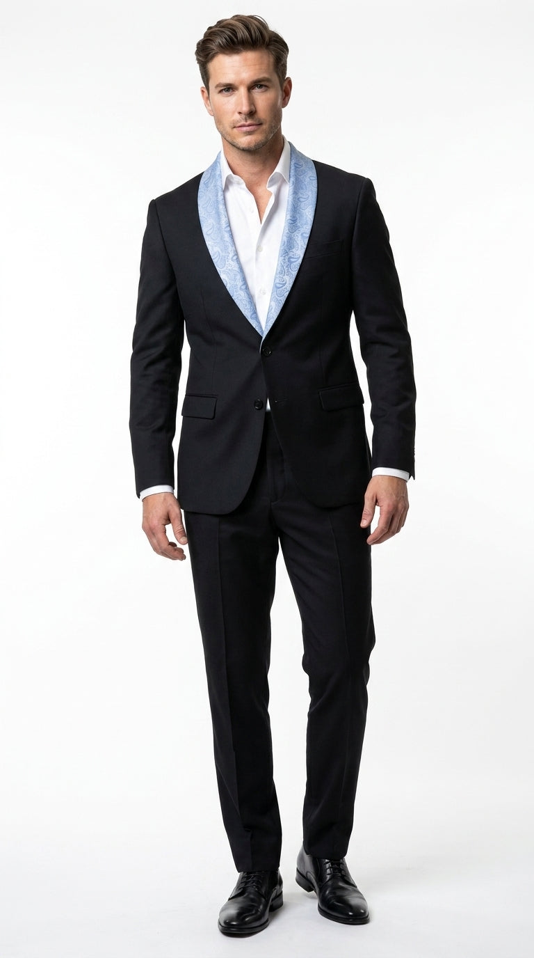Men’s Black Suit with Light Blue Lapel – Modern Formal Tuxedo Style Suit for Wedding, Prom, Party and Sky Powder Blue Color - 34 Short or Extra Small