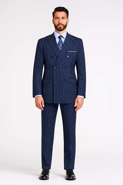 Mens Royal Blue Pinstripe Double-Breasted Suit 6-Button Classic Vintage Gangster Style in Indigo Cobalt Blue Pinstripe Color