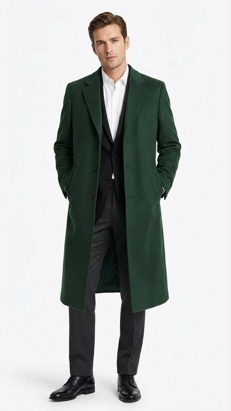 Men’s Hunter Green Full-Length Wool Overcoat – Classic Winter Dress Coat for Formal and Casual Wear Topcoat Mens Wintercoat - Coat Size 38