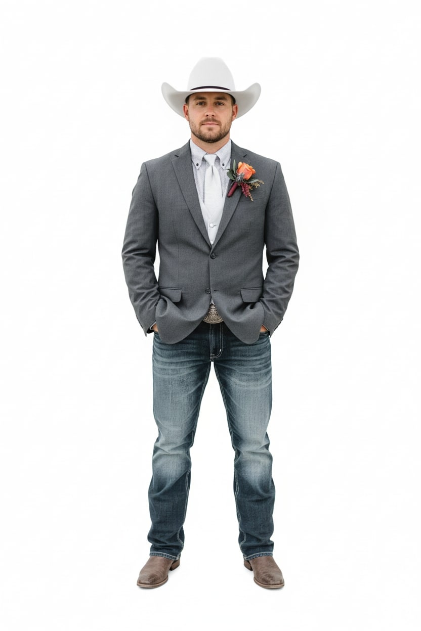 Mens Western Style Blazer – Classic Gray Cowboy Suit Jacket for Weddings, Country Events and Formal Wear in Grey Color - 36 Short