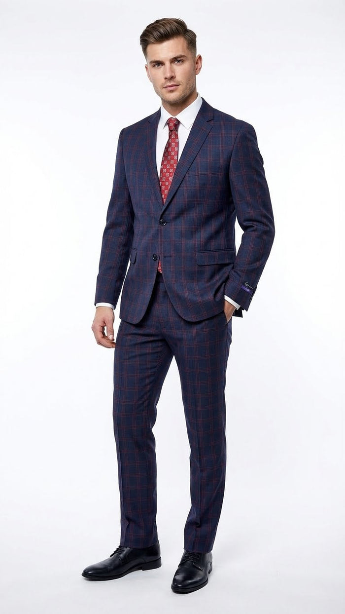 Mens Navy Blue and Burgundy Checkered Two-Piece Suit Plaid Windowpane Flat Front Pants or Pleated Wide Leg Pants - 100% Wool