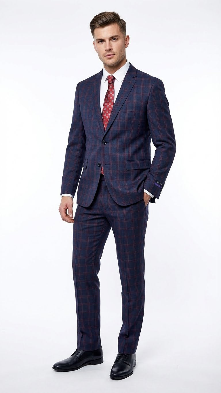 Men’s Navy Blue and Burgundy Checkered Two-Piece Suit Plaid Windowpane – Flat Front Pants or Pleated Wide Leg Pants - 100% Wool - Navy Blue and Burgundy