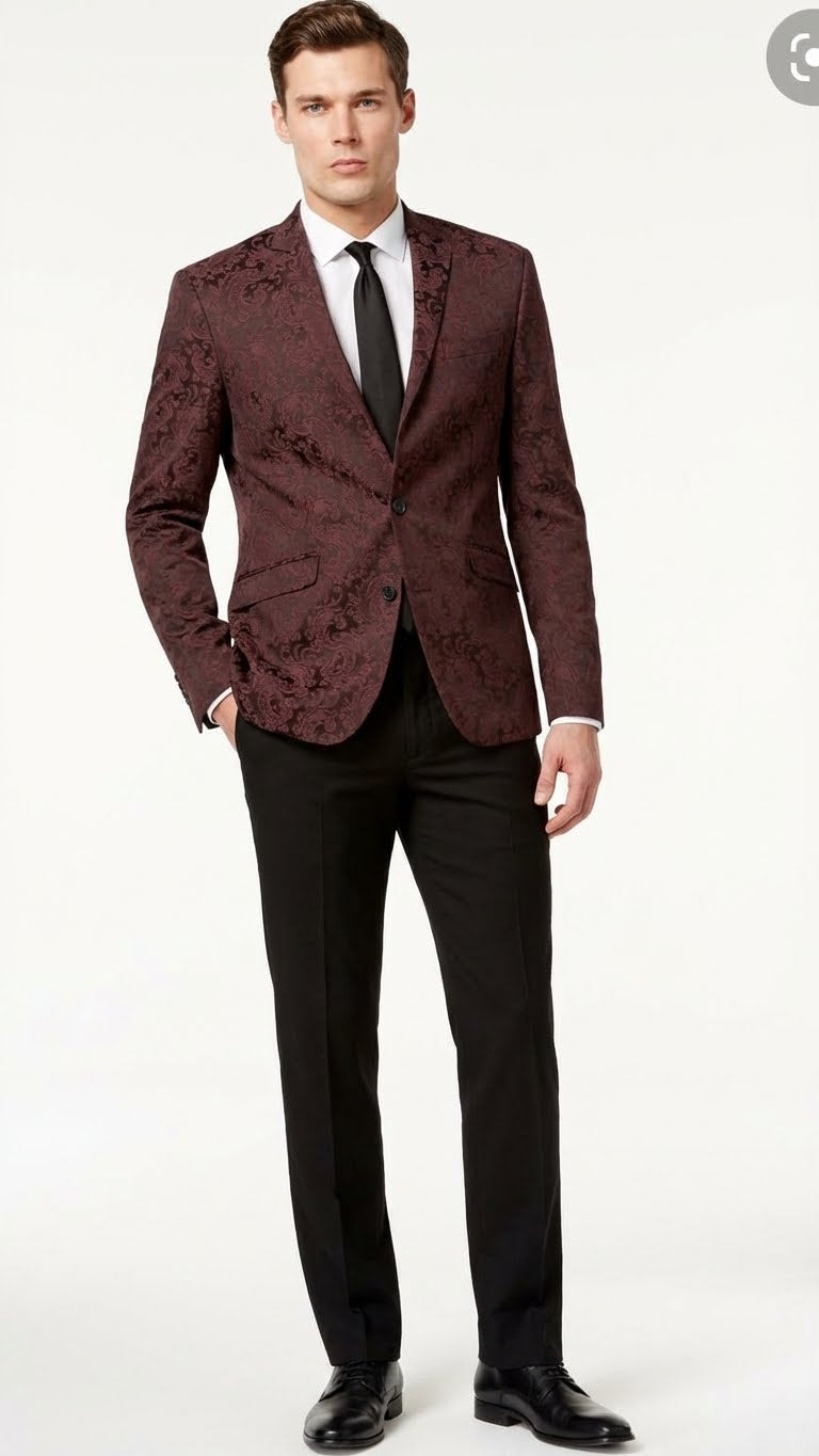 Men’s Burgundy Paisley Blazer Sport Coat – Velvet Dinner Jacket floral in Maroon Wine Color Ultra Slim Fit Smoking Jacket - 36 Short