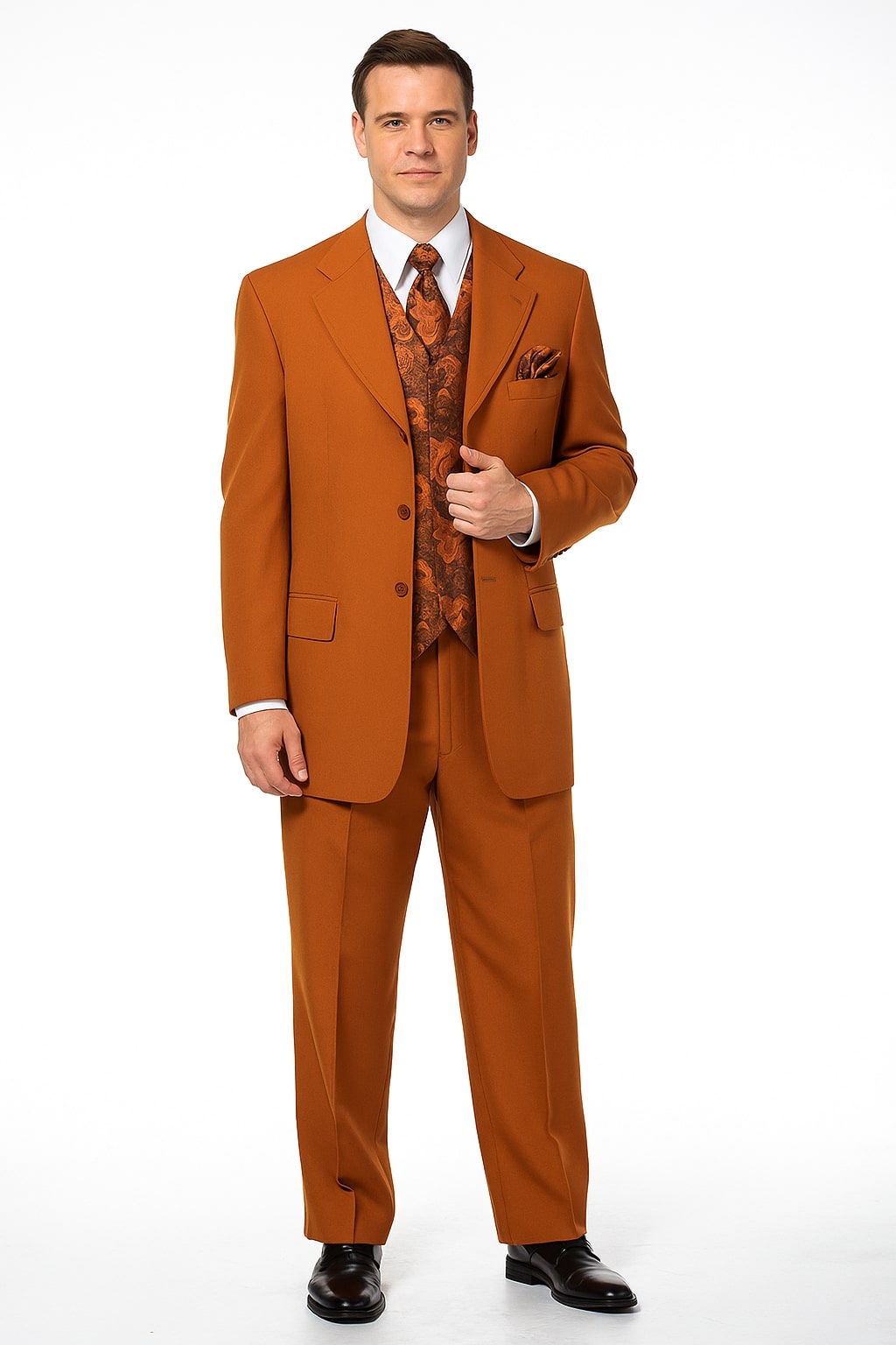 Mens Rust 3-Piece Fashion Suit – Notch Lapel with Paisley Vest, Tie and Pocket Square - Zoot Suit - 40