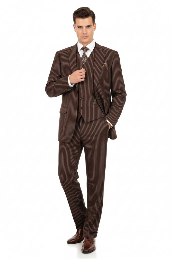 Mens Brown Pinstripe 3-Piece Suits Classic Business and Formal Wear with Vest