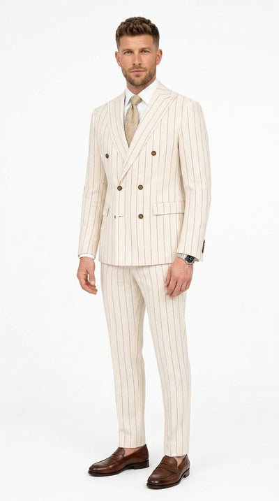 Men’s Cream Off White Pinstripe Linen Pinstripe 2 Piece Double Breasted Suit, Summer Wedding Ivory Color By Vitali