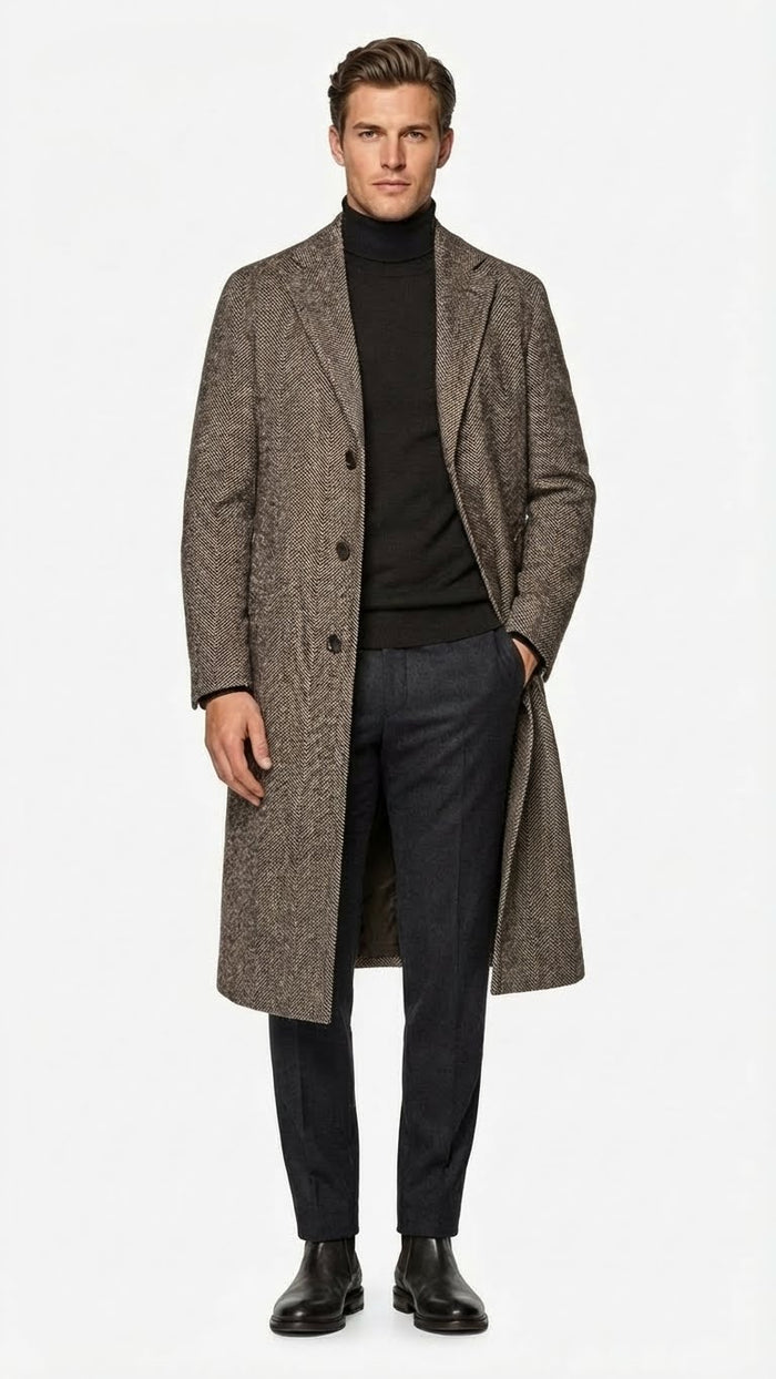 Mens Black & Grey  Herringbone Tweed Wool Blend Overcoat Classic Single-Breasted Winter Blazer Carcoat
