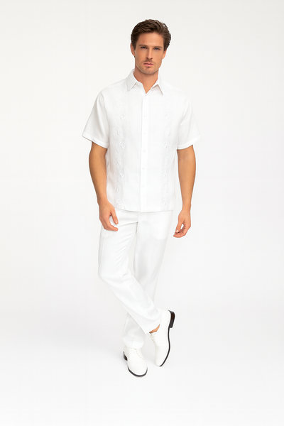 Mens Linen White Embroidered Guayabera Two-Piece Set â€“ Short Sleeve Shirt and Pants - Summer Walking Suit
