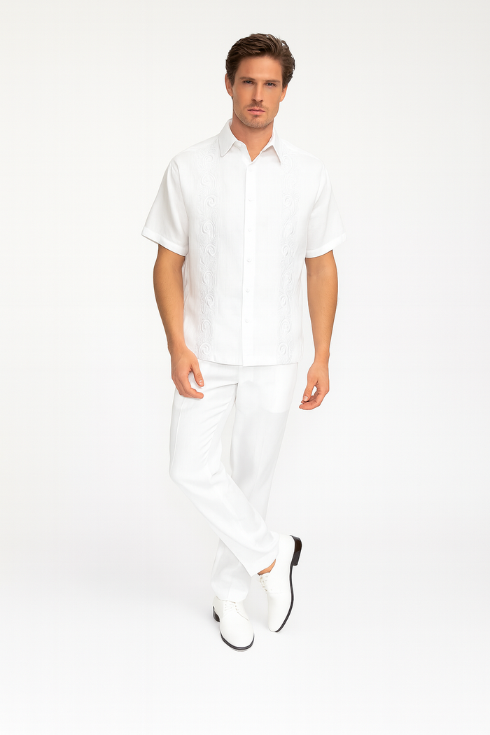 Mens Linen White Embroidered Guayabera Two-Piece Set â€“ Short Sleeve Shirt and Pants - Summer Walking Suit