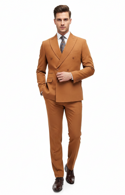 Mens Vitali Brand Rustish Orange Brown Copper Color Double Breasted Slim Fit Suit