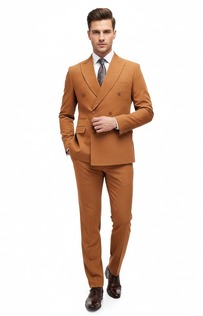 Mens Vitali Brand Rustish Orange Brown Copper Color Double Breasted Slim Fit Suit