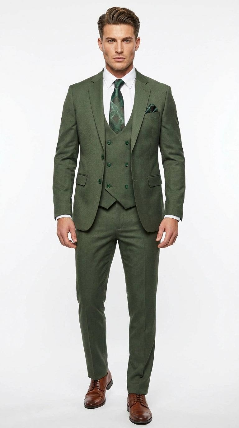 Men’s Forest Green Three Piece Suit – Double Breasted Vest Formal Wedding and Business Suit Set Olive Green Slim Fit - 34 Short or Extra Small