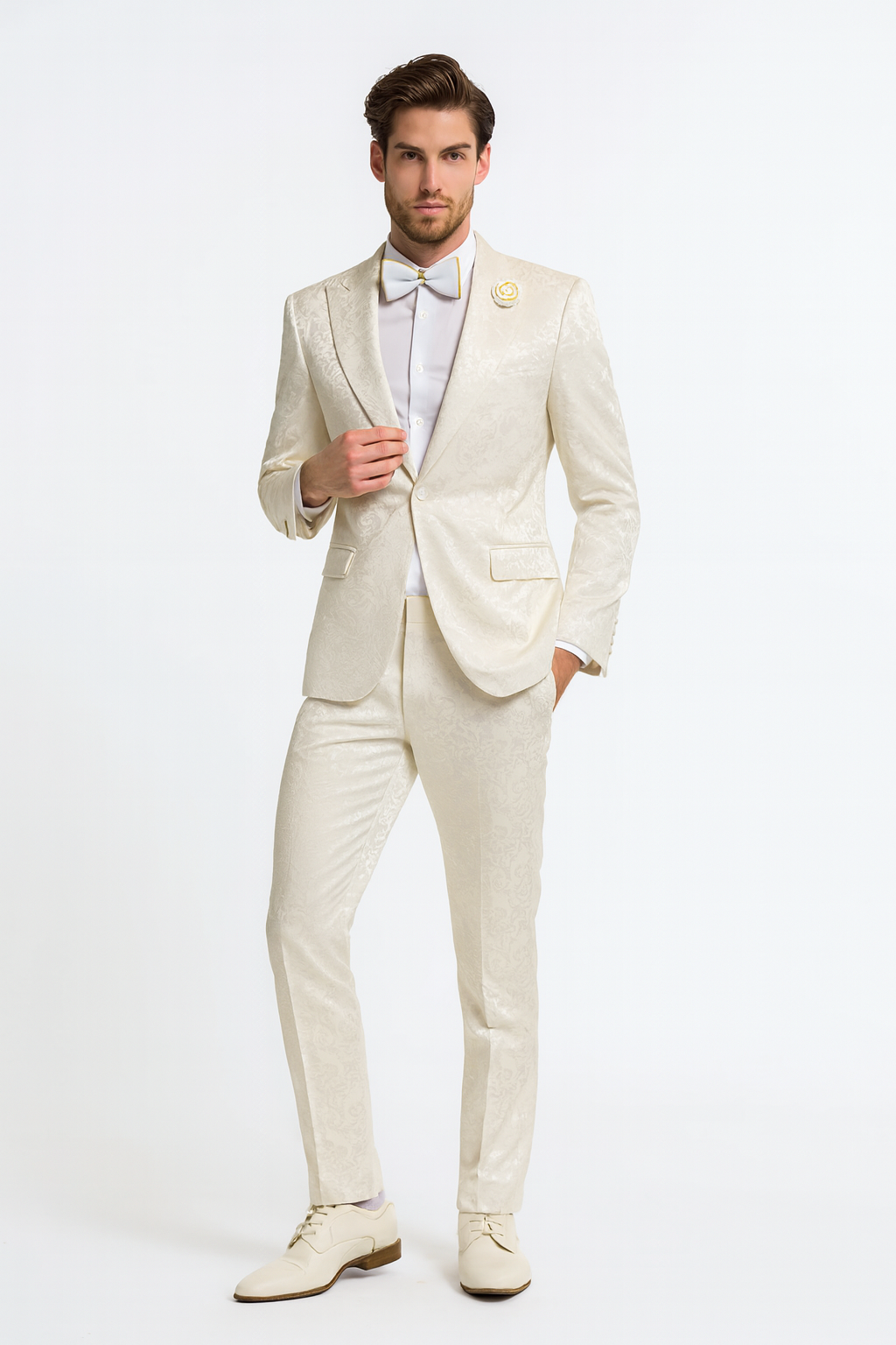 Men’s Champaign Ivory  Jacquard Paisley Tuxedo Suit with Satin Shawl Lapel – Elegant Wedding and Prom Outfit By Rossiman - S