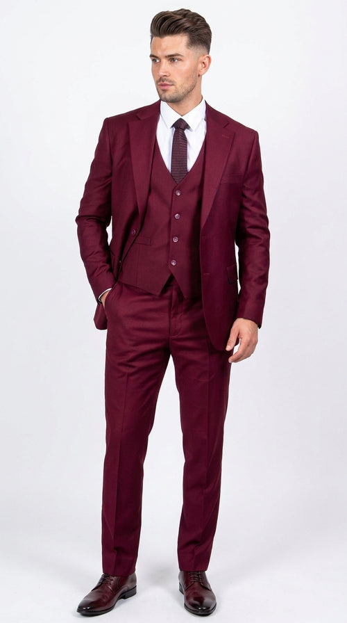 Men’s Stacy Adams Brand Burgundy 3 Piece Suit – Two Button Vested Style church wedding Modern Fit Suit