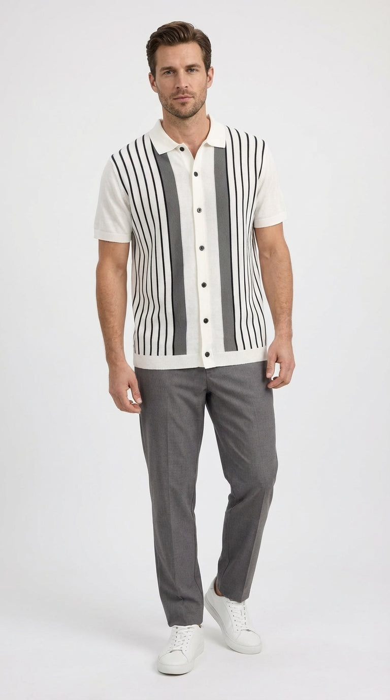 Mens White and Charcoal Gray Stripe Walking Suit Set – Short Sleeve Button Shirt and Pants Casual Summer Outfit for Travel, Vacation and Everyday Wear - S