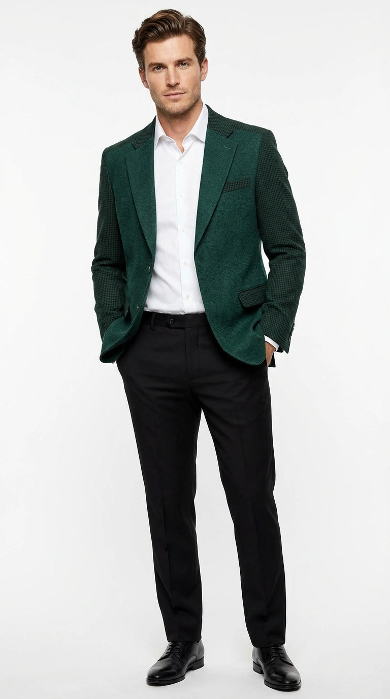 Zacchi Brand Men’s Dark Green Textured Blazer – Classic Single Button Sport Coat with Notch Lapel Formal Jacket - 36 Short