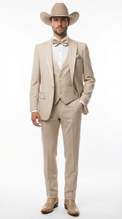 Mens Beige Tan Khaki CowboyTuxedo Suit Western Formal Three Piece Suit with Jacket Vest and Pants