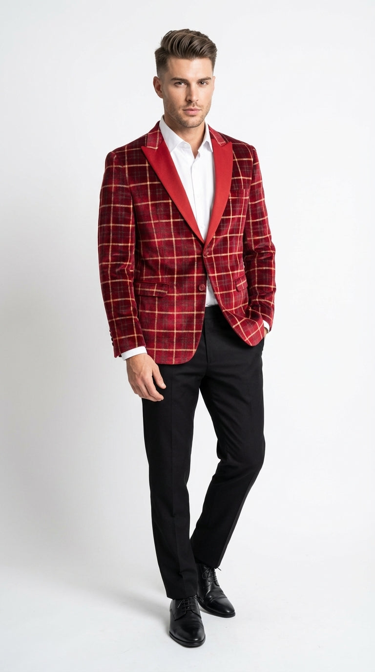 Mens Red Burgundy Plaid Blazer with Contrast Lapel – Velvet Fabric Check Prom Blazer Jacket for Party, Christmas New Year Holiday Jacket - 36 Short