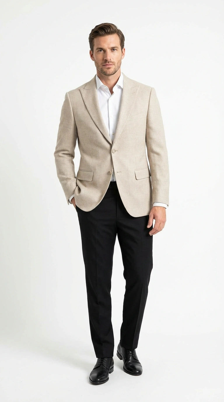 Zacchi Men’s Beige Hopsack Blazer – Classic Two Button Sport Coat with Peak Lapel Formal Jacket - 36 Short