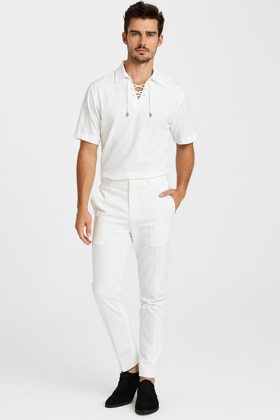 Mens White Lace-Up Renaissance Shirt Linen Fabric Short Sleeve Casual Pirate Peasant Top