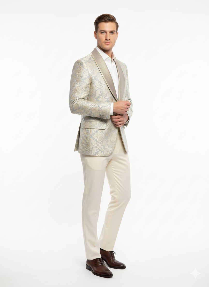 Men’s Champaign Silver and Cream Embroidered Luxury Blazer – Floral Pattern Wedding & Party Dinner Jacket in Light Tan Color - 36 Short