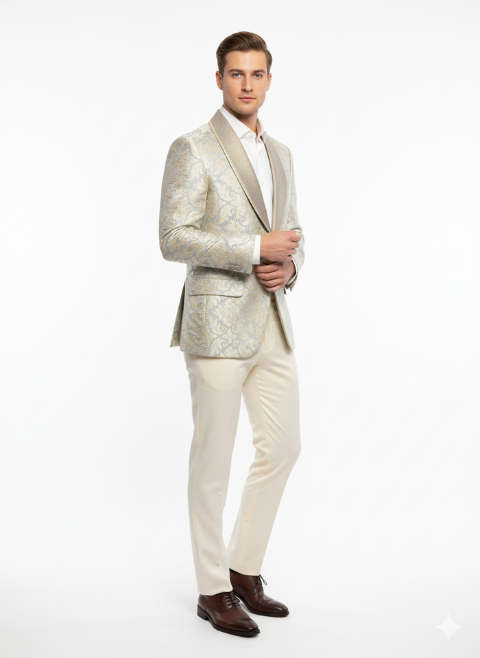 Mens Champaign Silver and Cream Embroidered Luxury Blazer Floral Pattern Wedding & Party Dinner Jacket in Light Tan Color