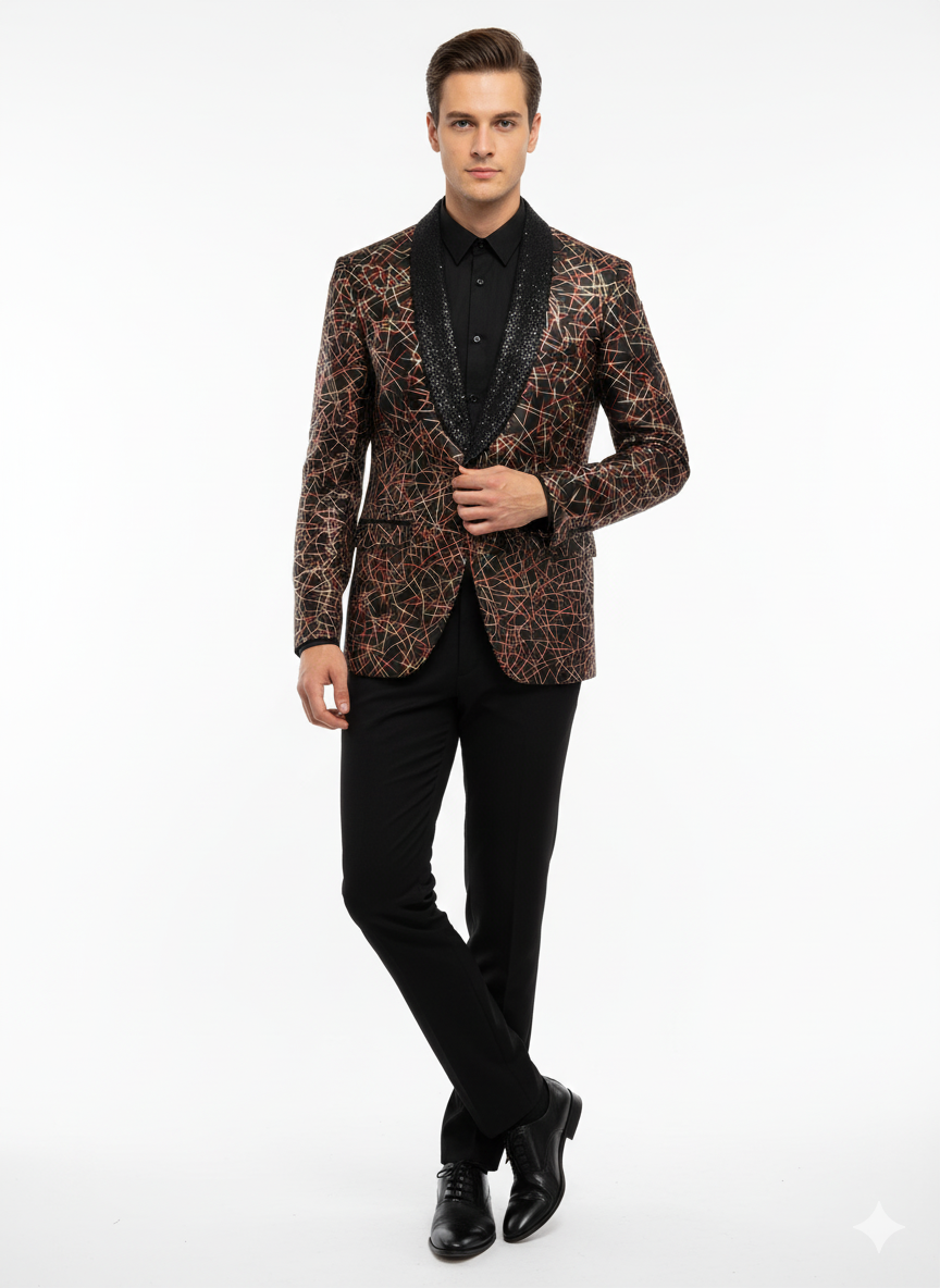 Men’s Black Shiny Designer Blazer with Red and Gold Pattern – Luxury Party & Wedding Jacket - 36 Short