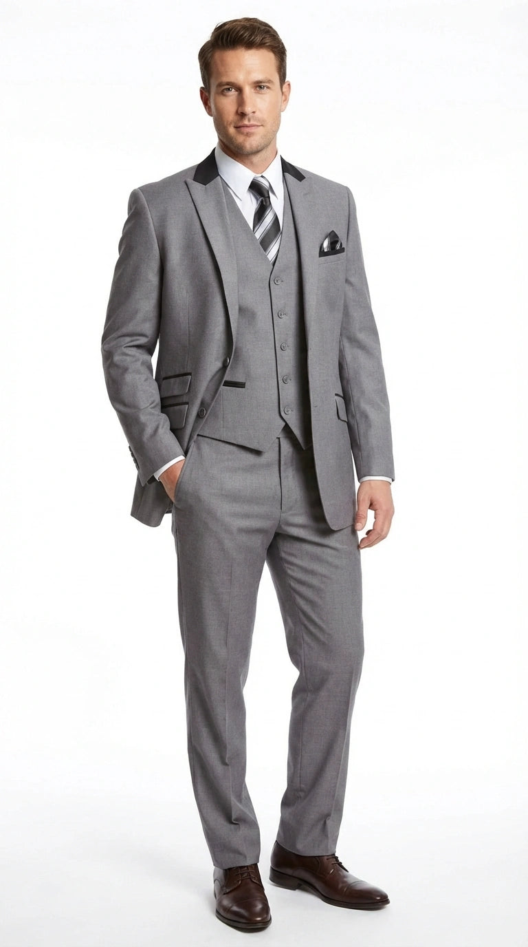 Men’s Light Gray Three Piece Suit with Black Chesterfield Collar  – Classic Formal Wedding and Business Suit Set 1920s Vintage - 34 Short or Extra Small