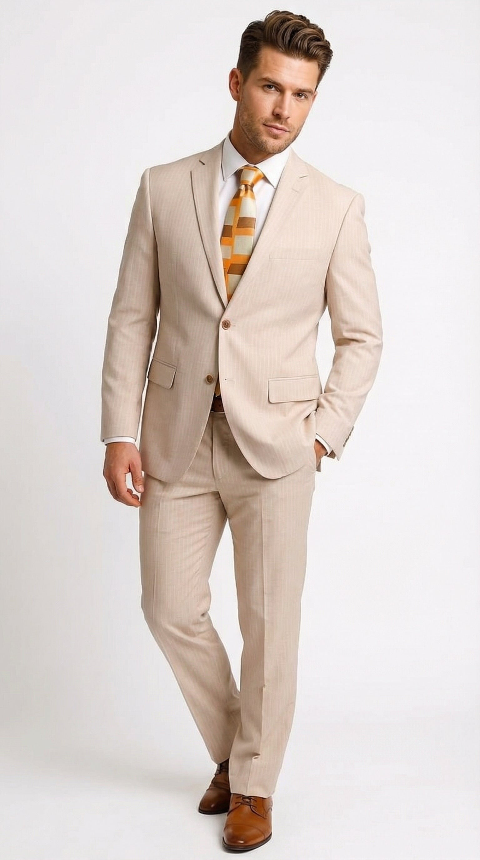 Vitali Men’s Natural Beige Pinstripe Suit – Summer Tan Pinstripe  Weddings and Business Wear - 34 Short or Extra Small