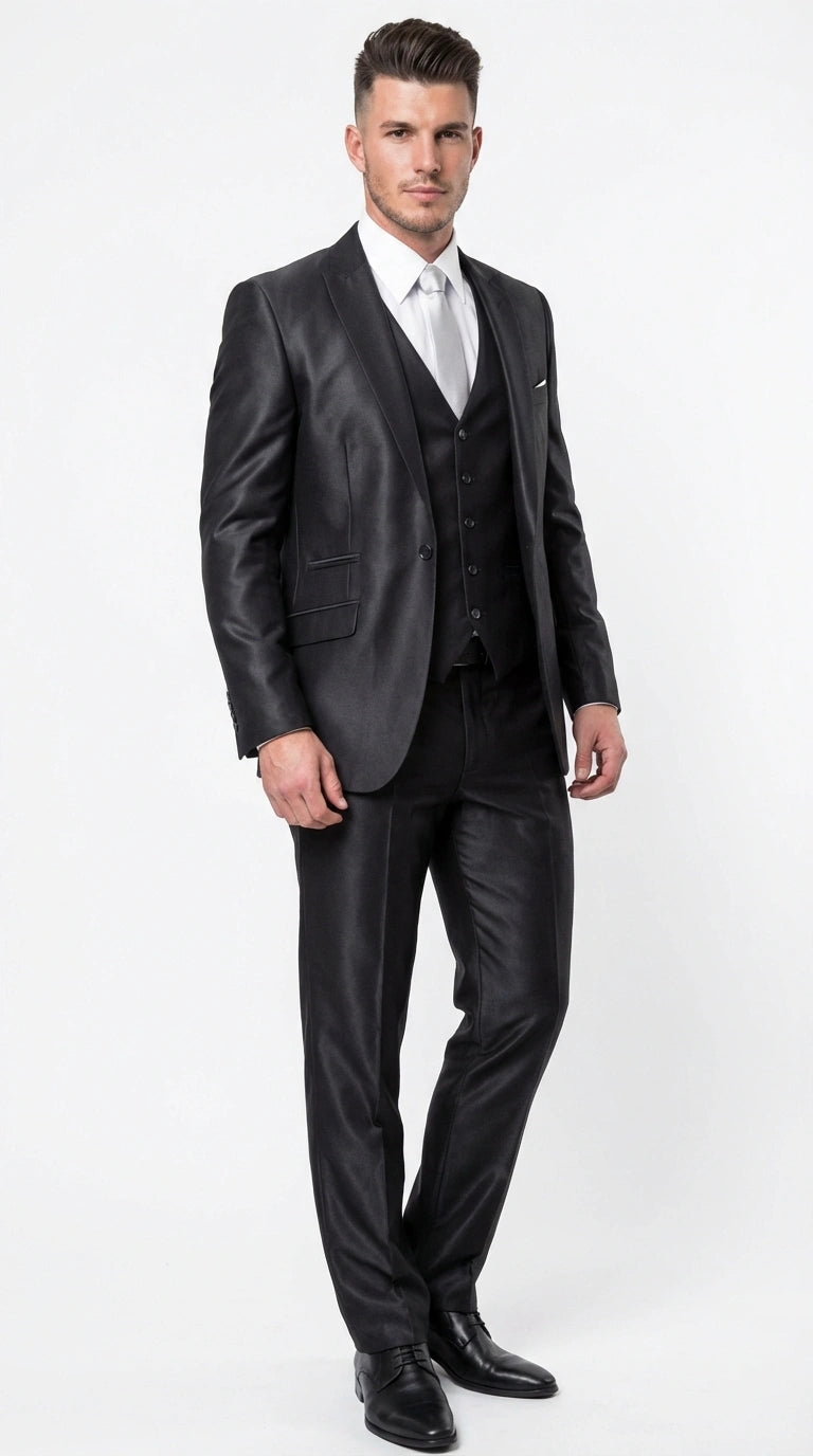 Men’s Black Three Piece Suit – Modern Fit 3PC Formal Suit with Vest for Wedding, Prom and Business Events Sharkskin Shiny Fabric - 34 Short or Extra Small