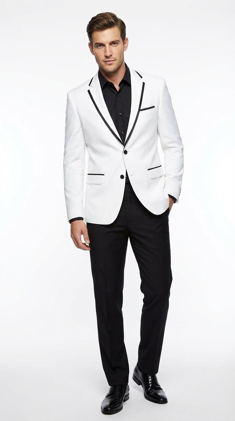 Men’s White Disco Blazer 70s Era Costume Jacket – Black Trim Retro Party Blazer, Vintage Dance Outfit, Stylish Evening Themed Wear - 36 Short