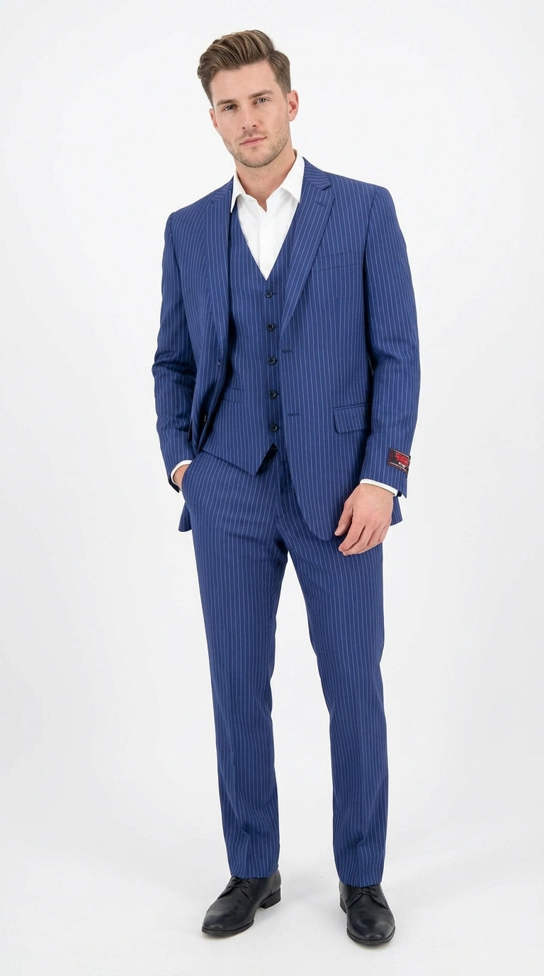 Men’s Royal Blue Pinstripe Three Piece Suit – Classic Formal 3PC Business and Wedding Suit Indigo Teal Saphire Pinstripe - 34 Short or Extra Small