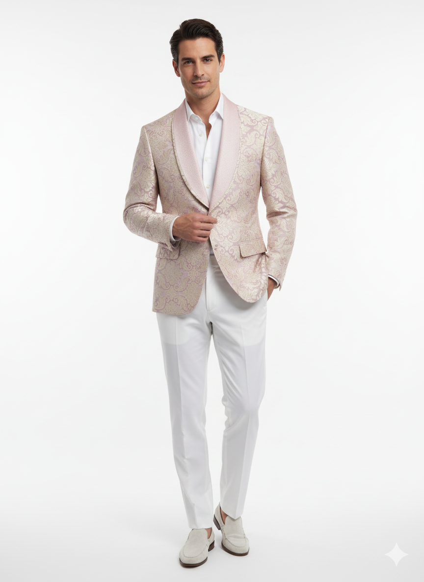 Menâ€™s Lavender and Gold Tuxedo Embroidered Lilac Mauve Blazer â€“ Designer Floral Pattern Wedding & Party Jacket - 36 Short