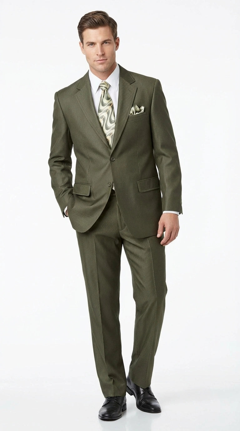 Men’s Olive Green Tuxedo With Trim Collar – Formal Wedding, Prom Suit Modern Fit - 36 Regular Jacket+30 Waist Adjustable 26to32)Height: 5'7"-6')(Neck: 14.5-16:S)
