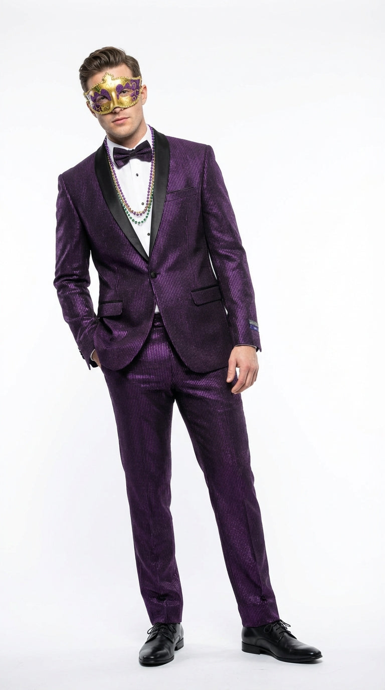 Mens Purple Shimmer Mardi Gras Suit with Black Satin Lapel Shiny Metallic Formal Party and Carnival Suit Sequin Look - 34 Short or Extra Small