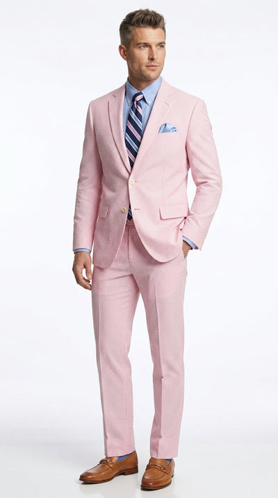 Men’s Pink Seersucker 2 Piece Suit, Lightweight Summer Dress Suit for Weddings, Prom, Parties, and Special Occasions