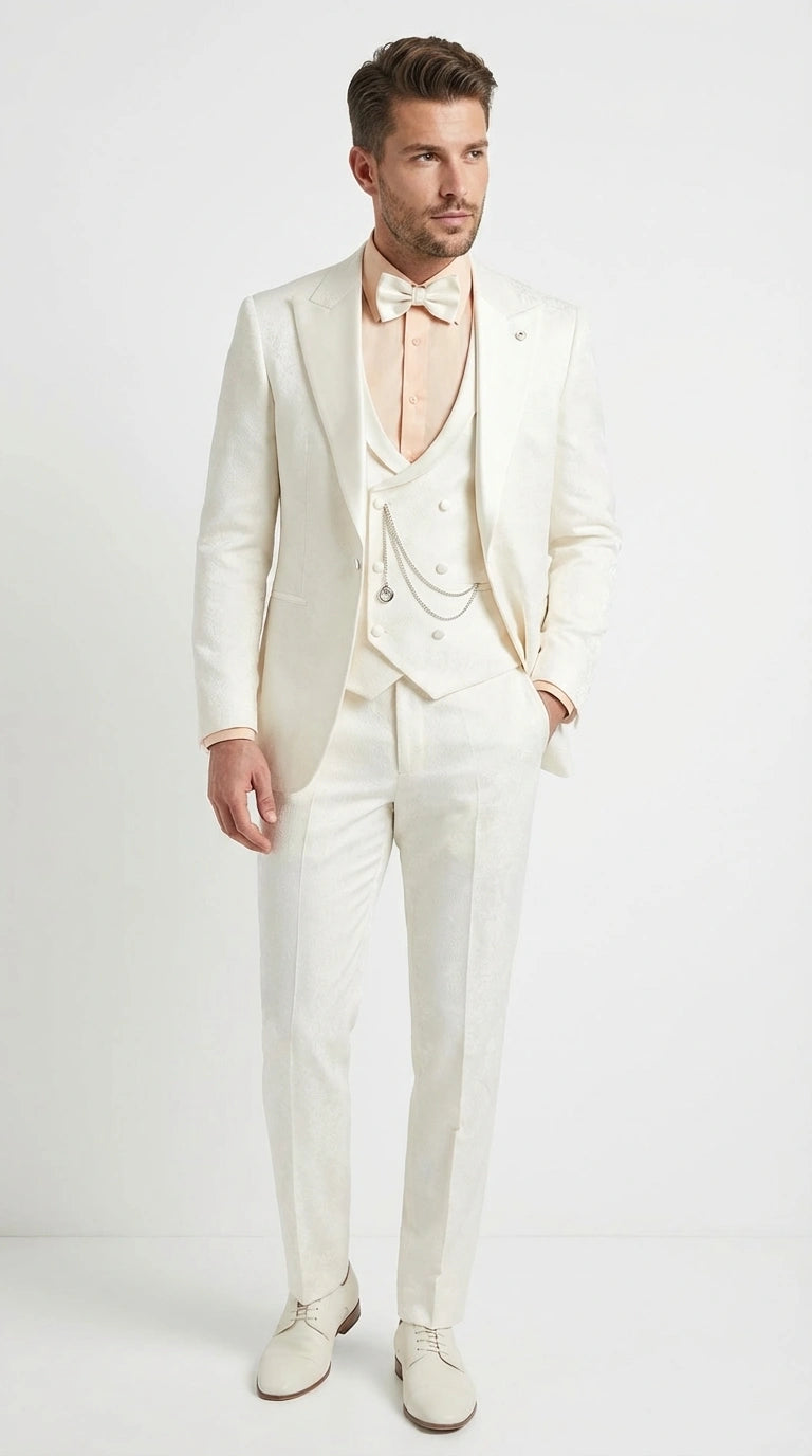 Vinci Men’s Ivory Three Piece Suit – Ivory 3PC Formal Wedding Suit for Groom, Prom and Black Tie Events - 34 Short or Extra Small