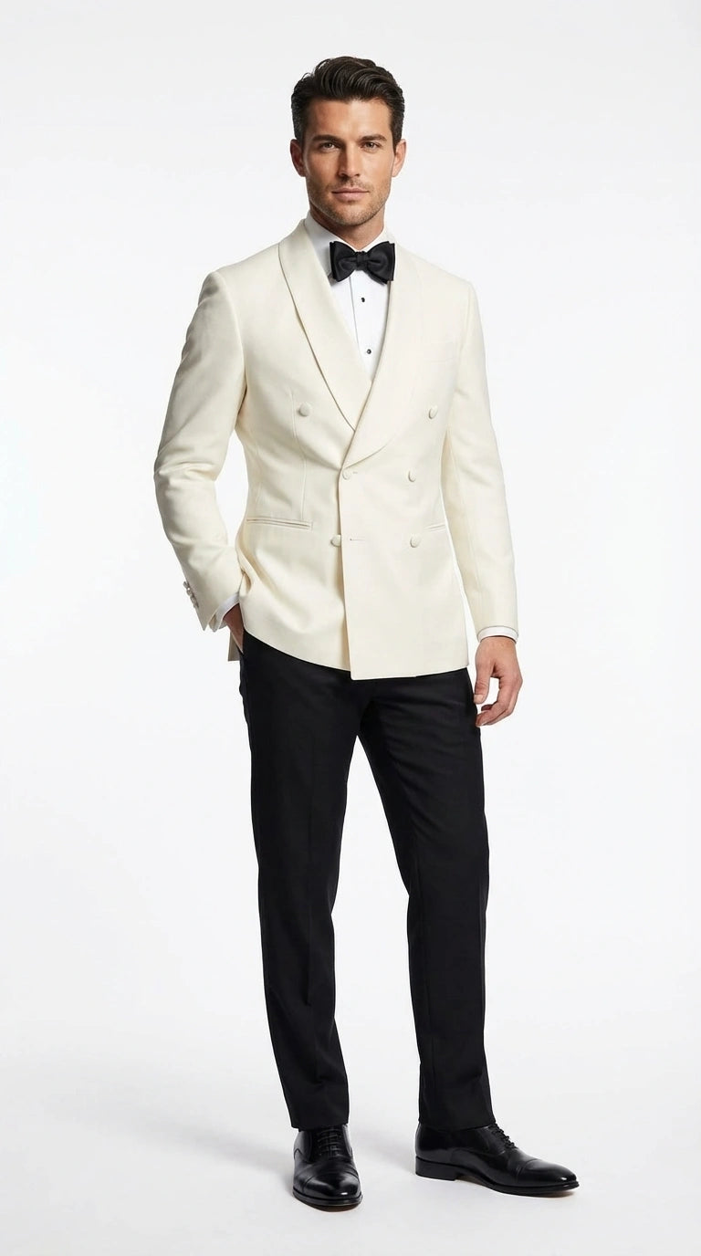 Men’s Ivory Wool Dinner Jacket – Classic Double Breasted Formal Tuxedo Jacket for Wedding and Black Tie Events - 36 Short