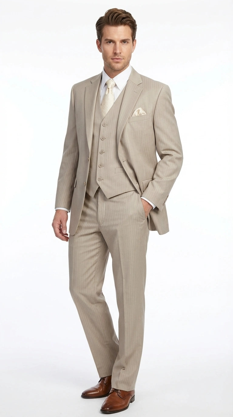 Men’s Tan Pinstripe Three Piece Suit – Classic Fit Pleated Pants  Tan Sand Beige Wedding, Church Shadow Ton on Tone  Business Suit for Men - 34 Short or Extra Small