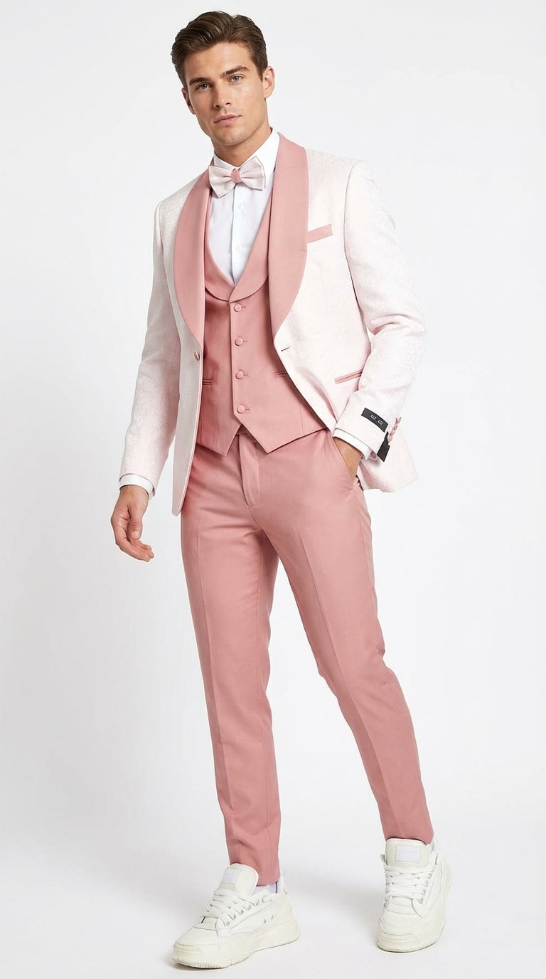 Men’s Cream and Rose Pink Prom Suit – Cream Tuxedo Jacket with Rose Pink Pants and Shawl Lapel Formal Suit for Prom and Wedding - 34 Short or Extra Small