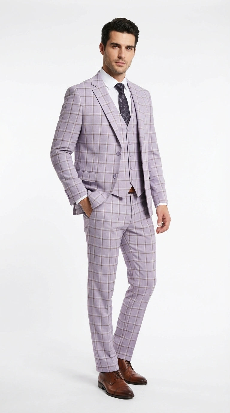 Men’s Lilac Lavender Windowpane Check 3 Piece Suit – Lilac Plaid Formal Suit with Vest for Wedding, Prom and Business Events - 34 Short or Extra Small