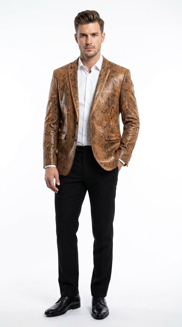 Men’s Brown Snakeskin Pattern Blazer – Stylish Exotic Print Formal Blazer Jacket for Party, Exotic Crocodile Alligator Print - 36 Short