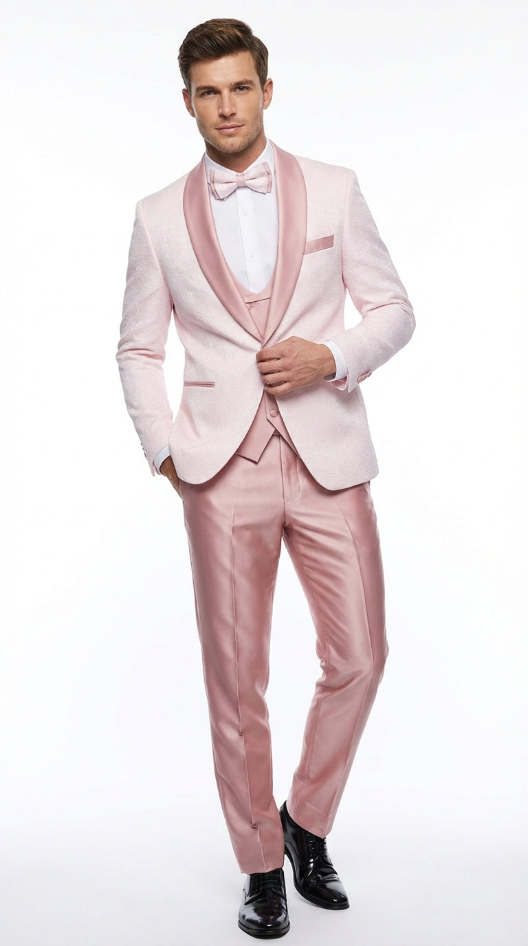 Men's Light Pink 3 Piece Tuxedo Suit Set | Shawl Lapel Formal Wedding Prom Dinner Suit in Rose Gold Color - 34 Short or Extra Small